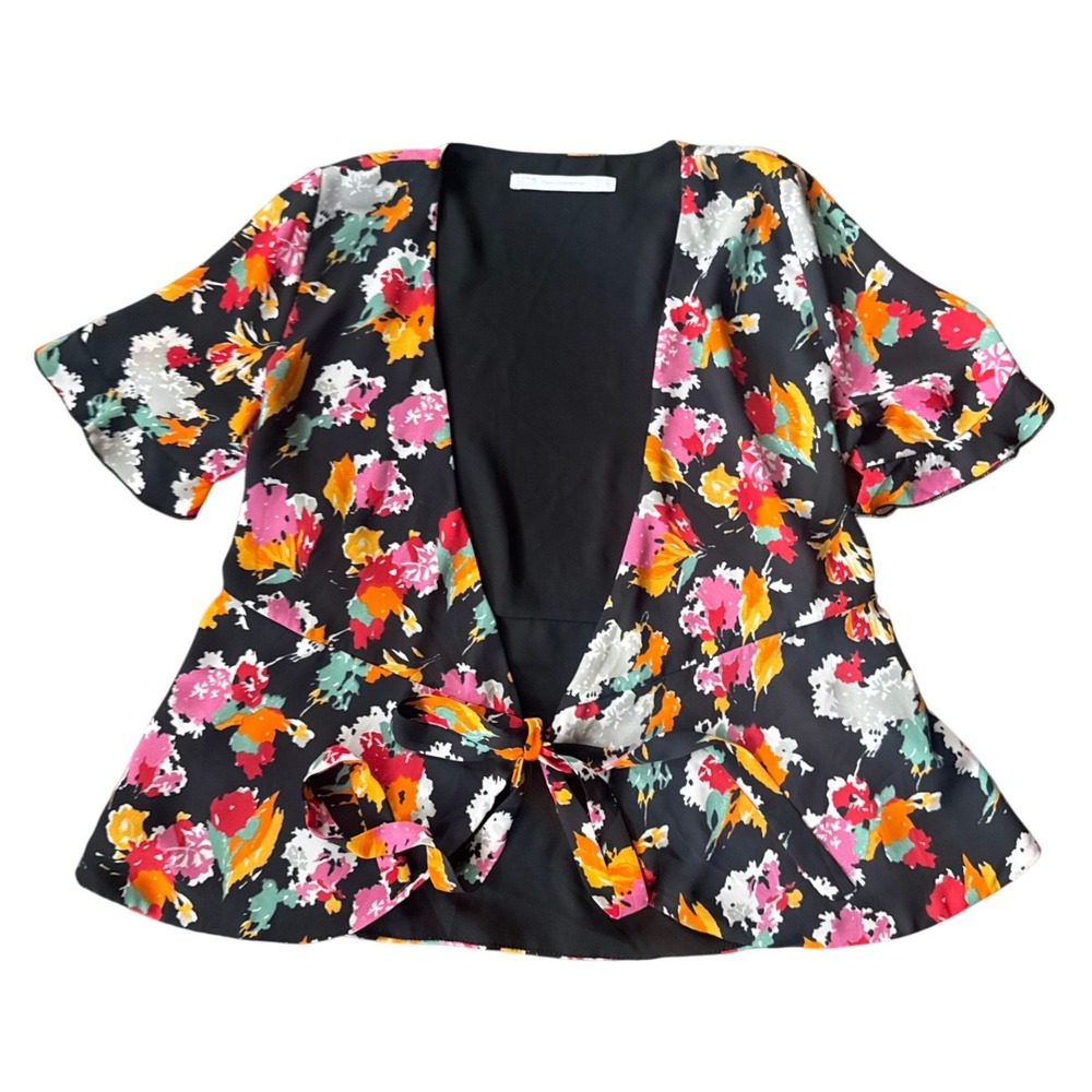 Zara Floral Peplum Top Women XS Black Multi Tie Front Short Sleeve Blouse